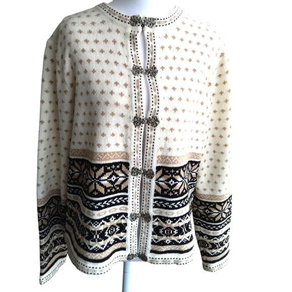 Women's Fair Isle Nordic sweater cardigan w/ornate silver clasps size S/M soft - Picture 1 of 8